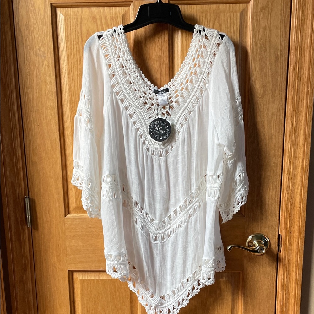 NWT Vivid Importers of New York White Crochet V-Neck Boho Tunic